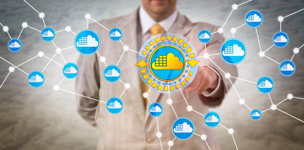 Unrecognizable male enterprise IT client utilizing cloud container infrastructure. Computer software and information technology concept for application container technology and containerization.